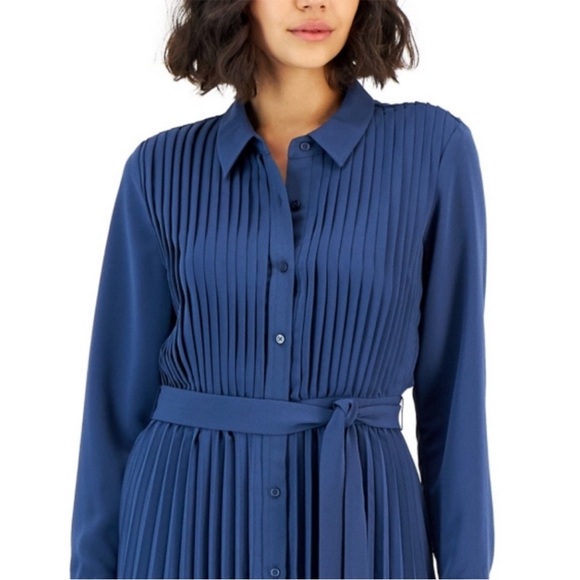 Alfani Pleated w Pockets, Belted Button Sea Blue Midi Shirt Dress, - Picture 4 of 5